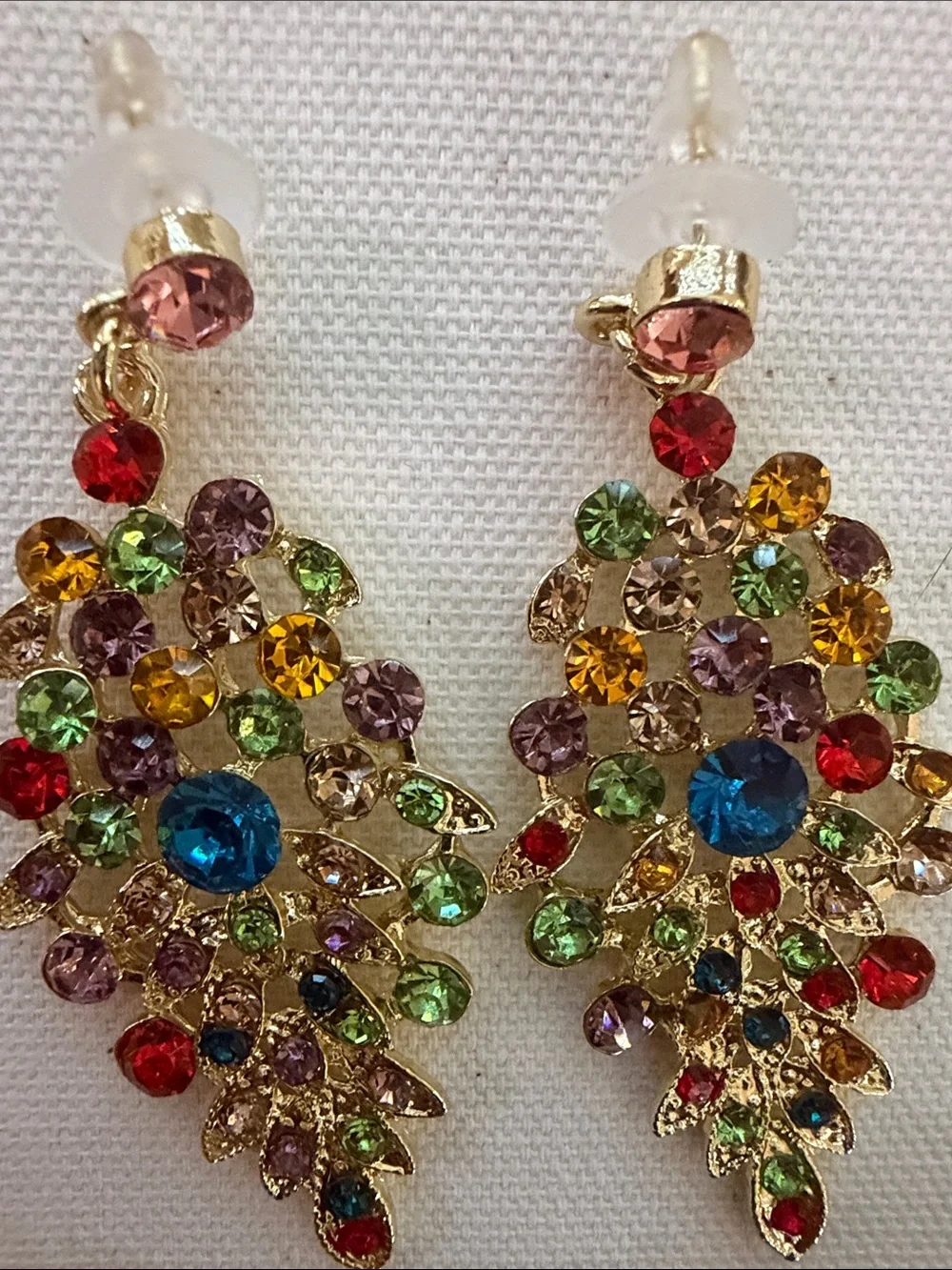 Gold Multicolor Crystal Bib Necklace and Drop Earring Set